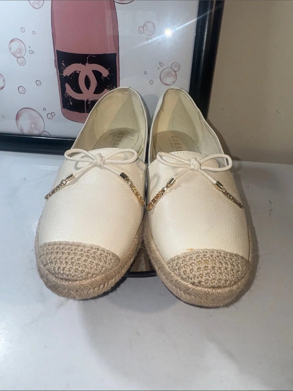 Guess Cream Leather Espadrille Loafers with Gold Guess Charm - Women’s Size 9.5M